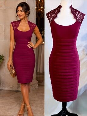 Cache Burgundy Wine Bandage Sheath Dress Crochet Lace Scoop Neck Sz 12 🧡